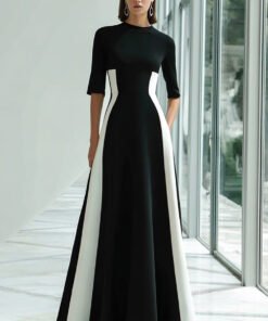 Black and White A-Line Formal Gown with Half Sleeves & Colorblock Panels