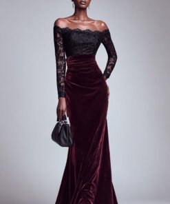 Black and Burgundy Velvet Mermaid Formal Dress with Off-the-Shoulder Lace Bodice