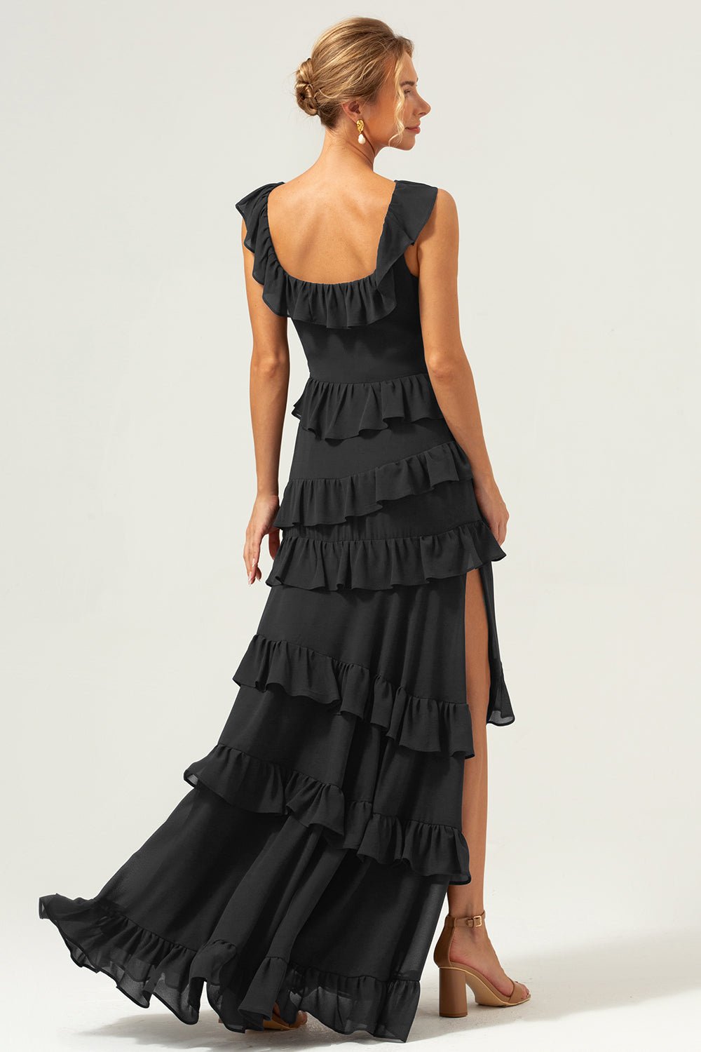 Dark Navy Tiered Chiffon A-Line Maxi Bridesmaid Dress with Ruffle Sleeves - Image 10