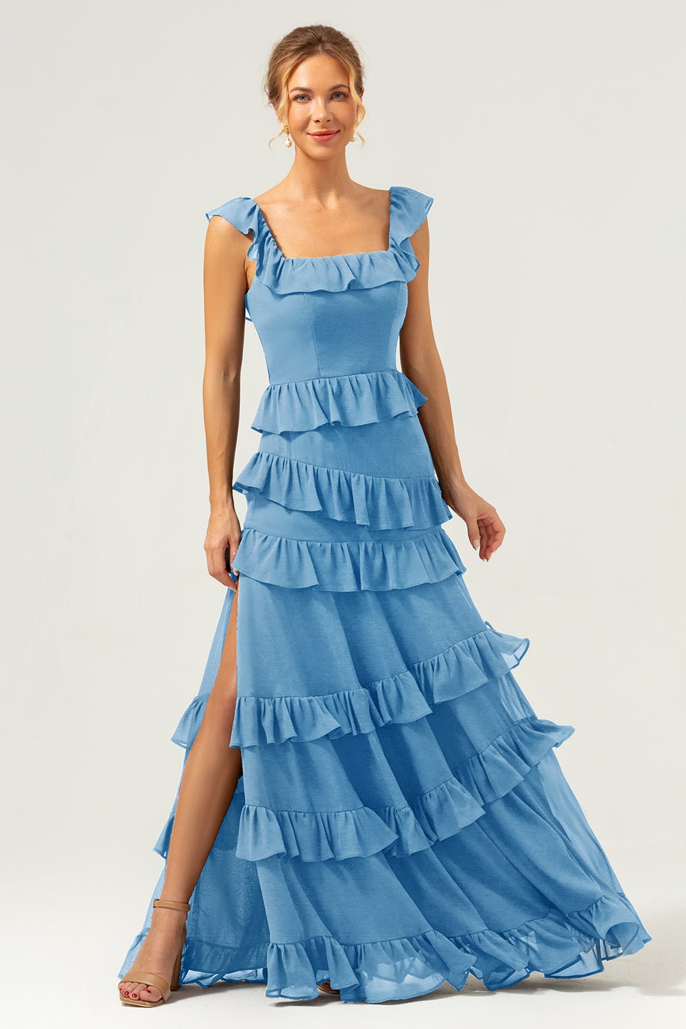 Dark Navy Tiered Chiffon A-Line Maxi Bridesmaid Dress with Ruffle Sleeves - Image 13