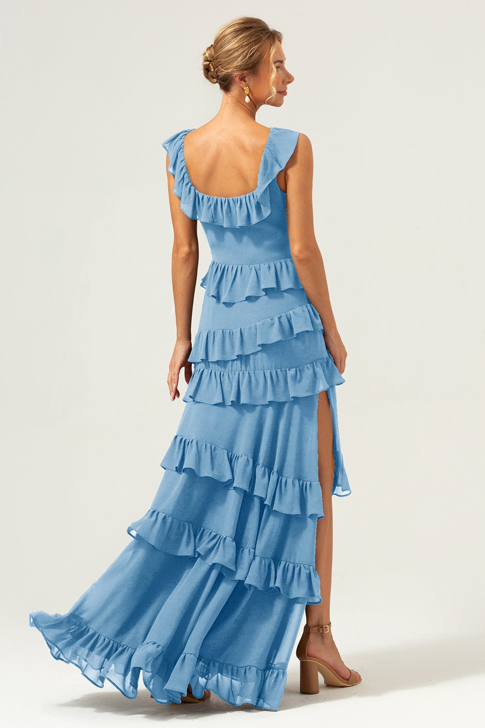 Dark Navy Tiered Chiffon A-Line Maxi Bridesmaid Dress with Ruffle Sleeves - Image 14