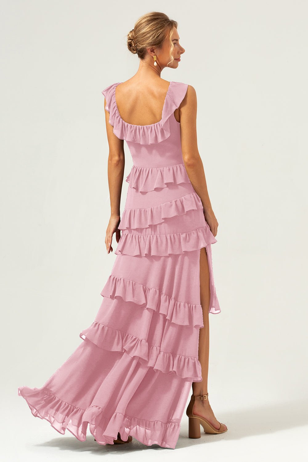 Dark Navy Tiered Chiffon A-Line Maxi Bridesmaid Dress with Ruffle Sleeves - Image 12