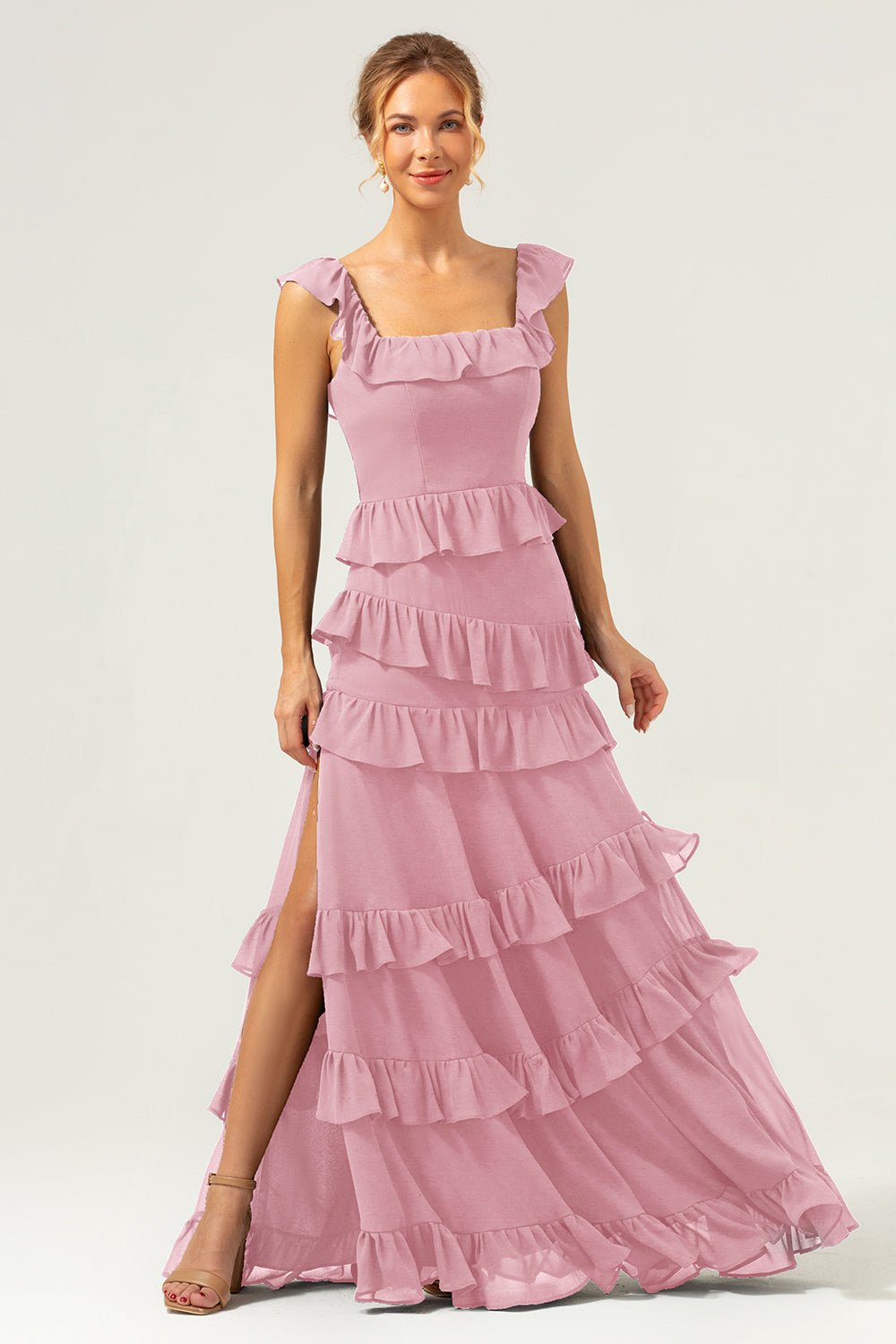 Dark Navy Tiered Chiffon A-Line Maxi Bridesmaid Dress with Ruffle Sleeves - Image 11