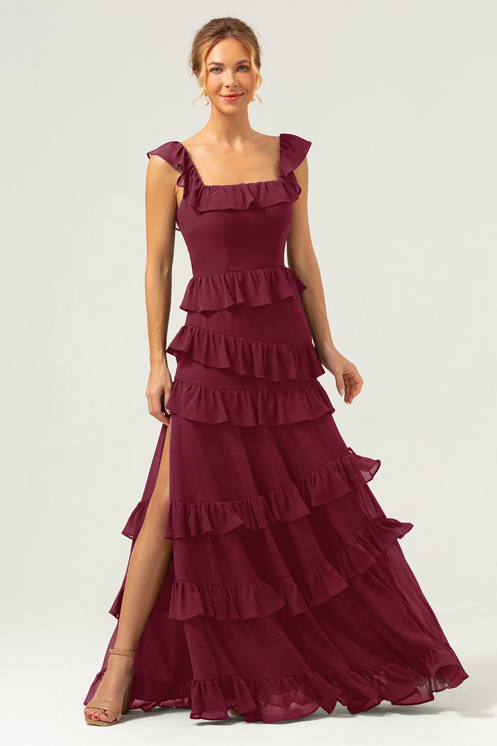 Dark Navy Tiered Chiffon A-Line Maxi Bridesmaid Dress with Ruffle Sleeves - Image 15