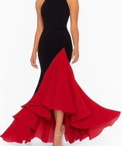 Black and Red Mermaid Ruffle Formal Gown with High-Low Hemline