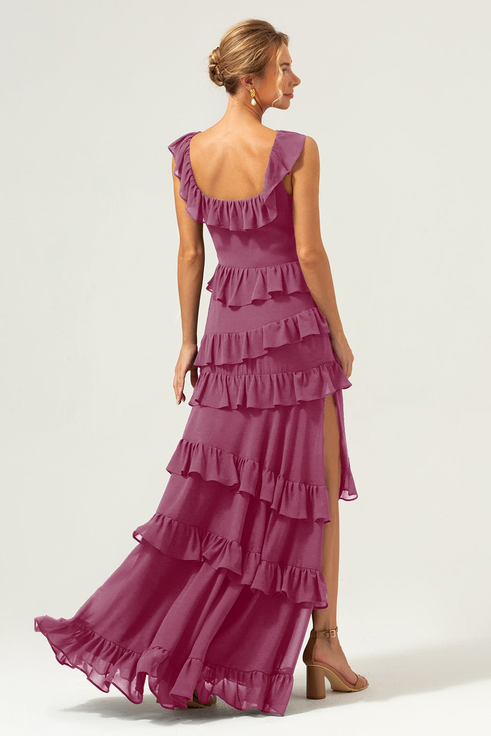 Dark Navy Tiered Chiffon A-Line Maxi Bridesmaid Dress with Ruffle Sleeves - Image 18