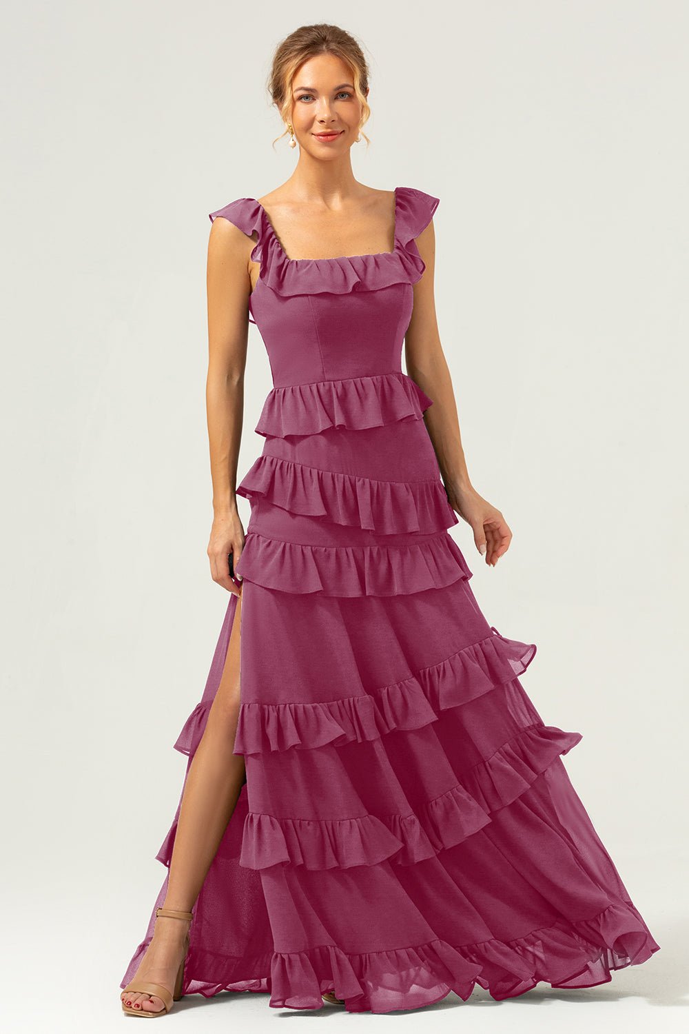 Dark Navy Tiered Chiffon A-Line Maxi Bridesmaid Dress with Ruffle Sleeves - Image 17
