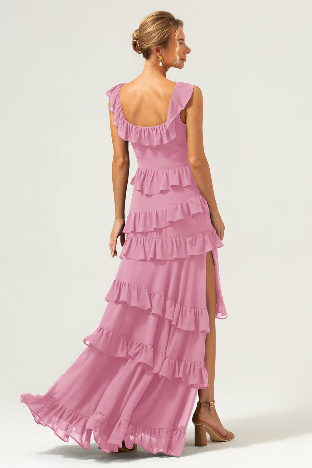 Dark Navy Tiered Chiffon A-Line Maxi Bridesmaid Dress with Ruffle Sleeves - Image 20