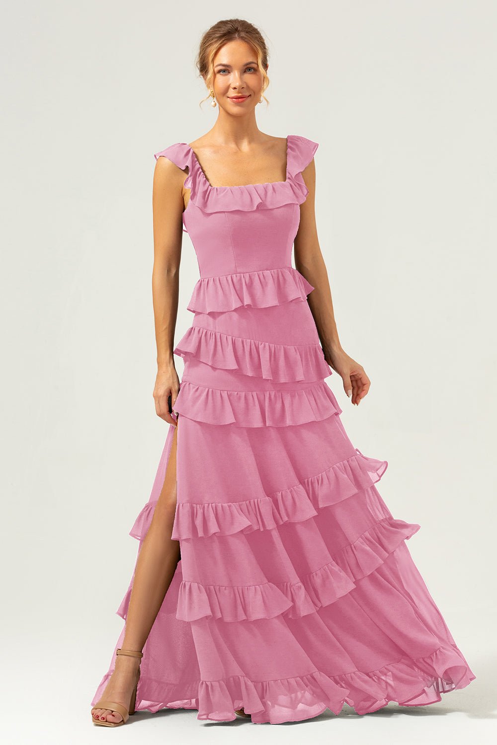 Dark Navy Tiered Chiffon A-Line Maxi Bridesmaid Dress with Ruffle Sleeves - Image 19