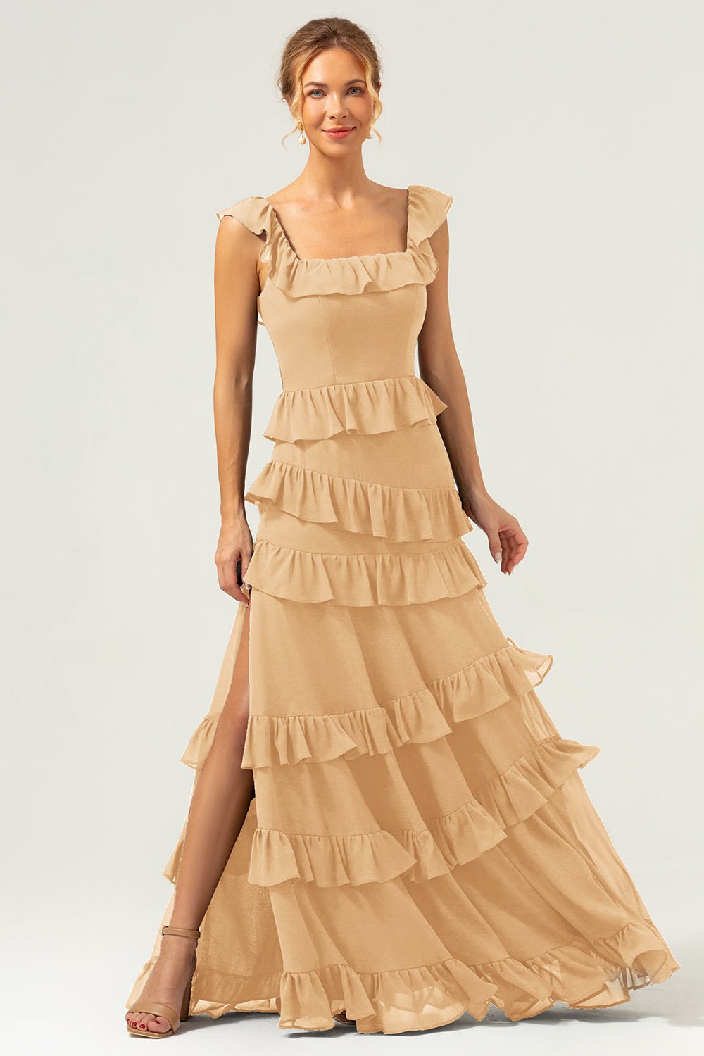 Dark Navy Tiered Chiffon A-Line Maxi Bridesmaid Dress with Ruffle Sleeves - Image 21