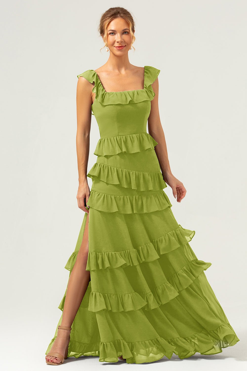 Dark Navy Tiered Chiffon A-Line Maxi Bridesmaid Dress with Ruffle Sleeves - Image 23