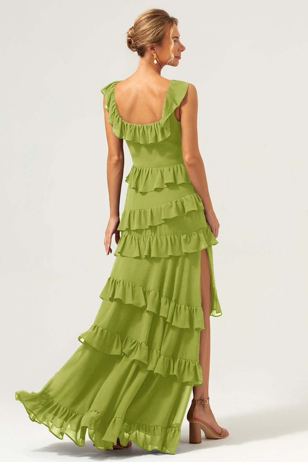 Dark Navy Tiered Chiffon A-Line Maxi Bridesmaid Dress with Ruffle Sleeves - Image 24