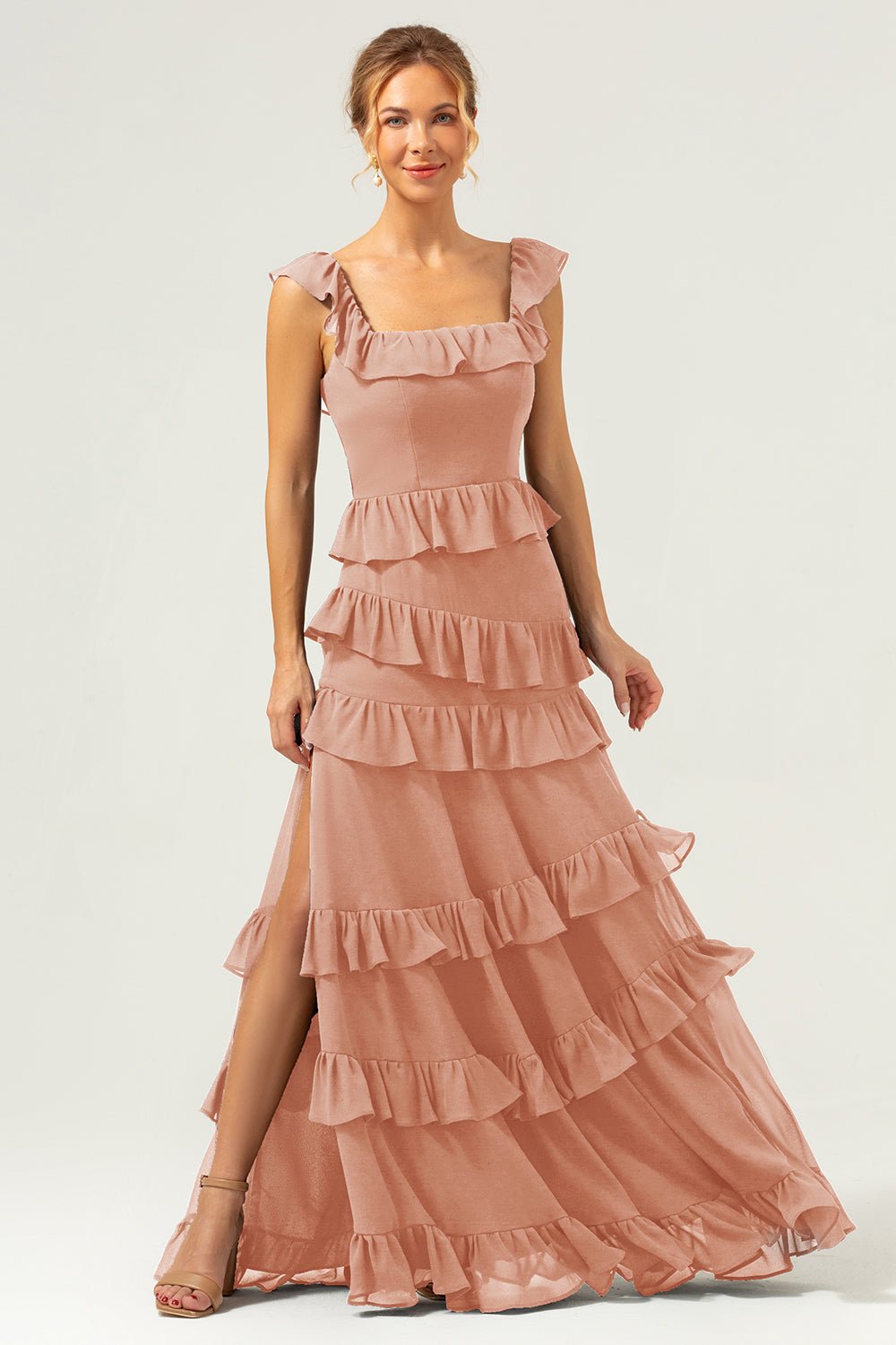 Dark Navy Tiered Chiffon A-Line Maxi Bridesmaid Dress with Ruffle Sleeves - Image 25