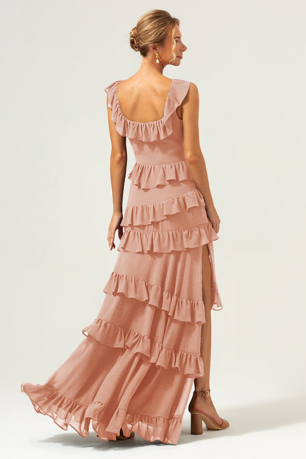 Dark Navy Tiered Chiffon A-Line Maxi Bridesmaid Dress with Ruffle Sleeves - Image 26