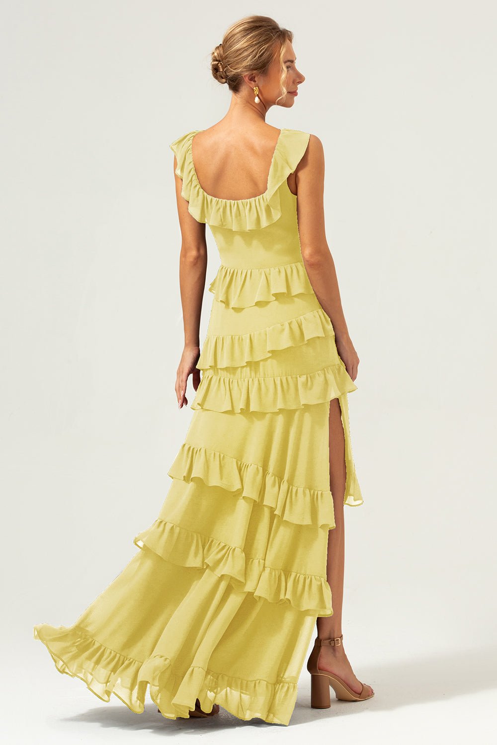 Dark Navy Tiered Chiffon A-Line Maxi Bridesmaid Dress with Ruffle Sleeves - Image 28