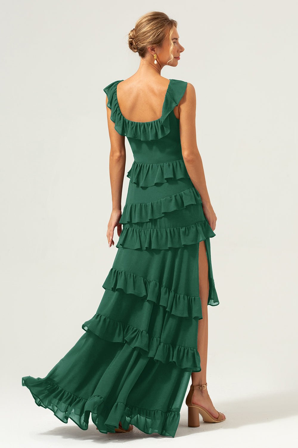 Dark Navy Tiered Chiffon A-Line Maxi Bridesmaid Dress with Ruffle Sleeves - Image 30
