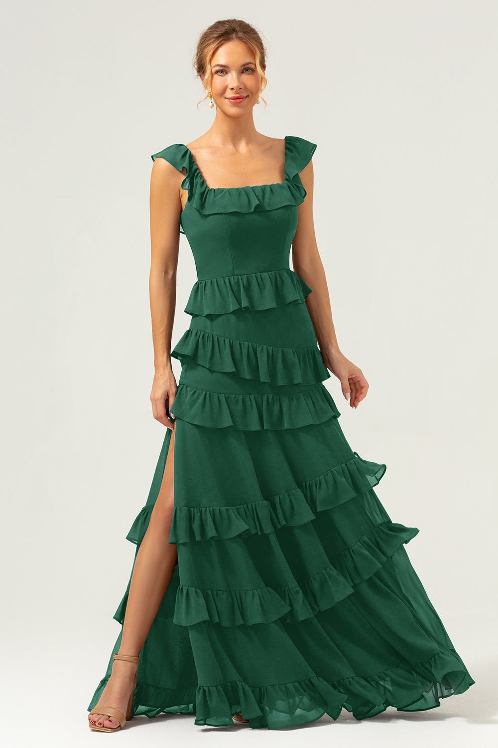 Dark Navy Tiered Chiffon A-Line Maxi Bridesmaid Dress with Ruffle Sleeves - Image 29