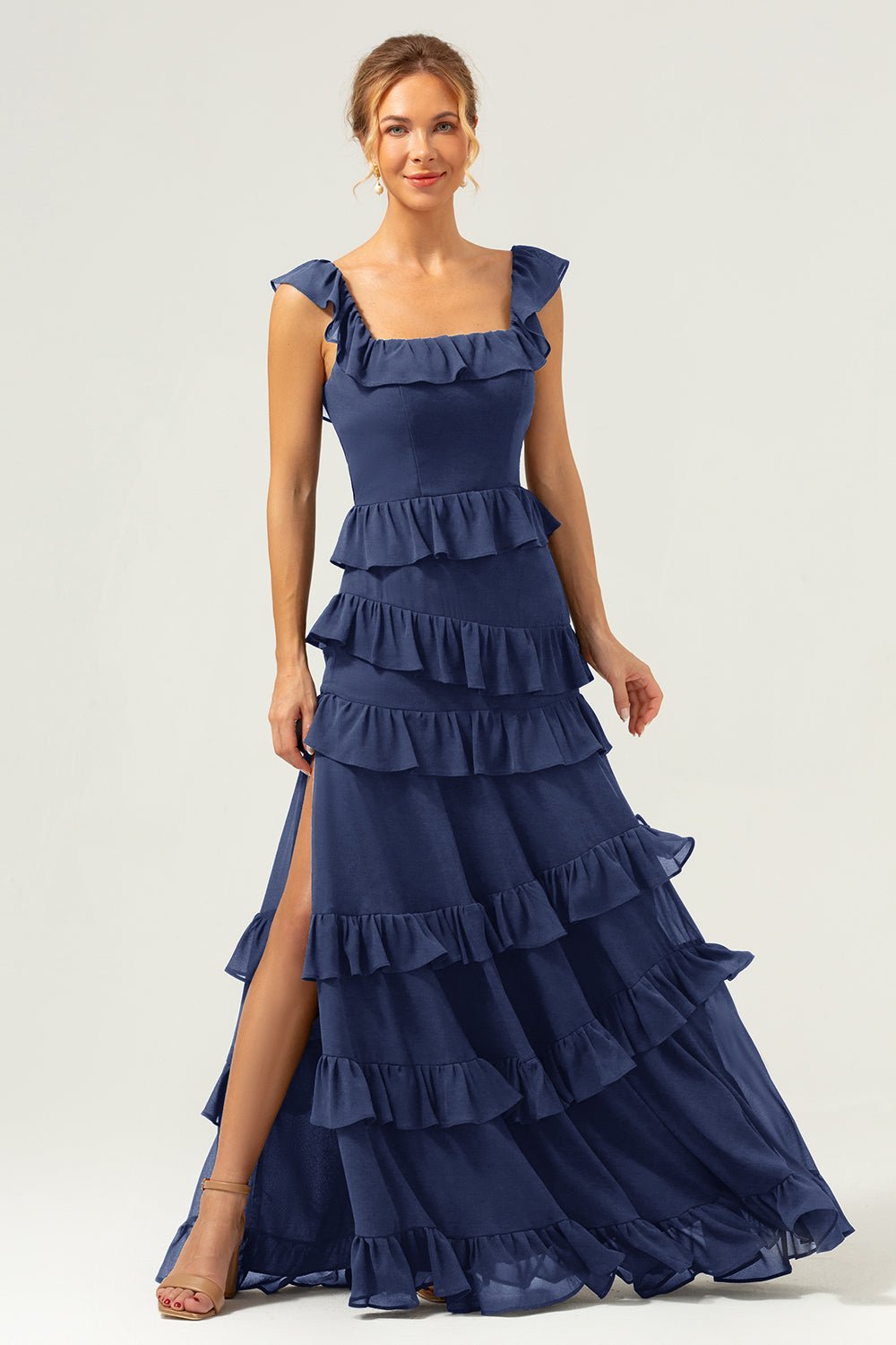 Dark Navy Tiered Chiffon A-Line Maxi Bridesmaid Dress with Ruffle Sleeves - Image 31