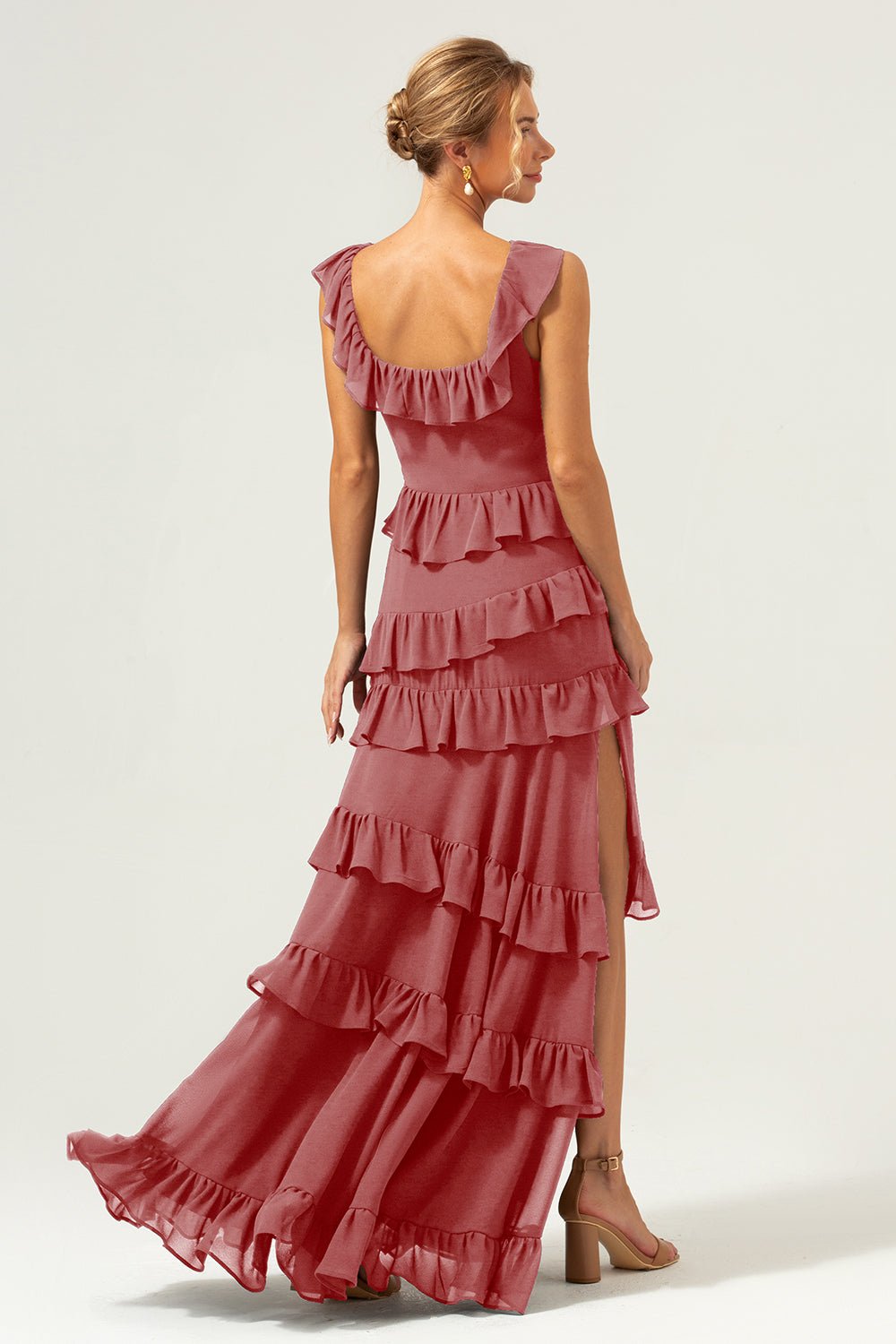 Dark Navy Tiered Chiffon A-Line Maxi Bridesmaid Dress with Ruffle Sleeves - Image 34