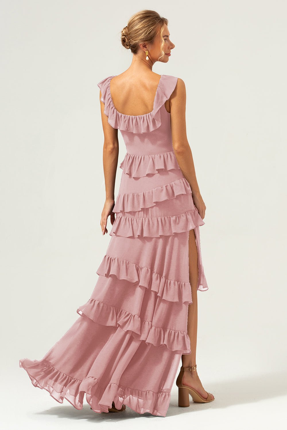 Dark Navy Tiered Chiffon A-Line Maxi Bridesmaid Dress with Ruffle Sleeves - Image 36