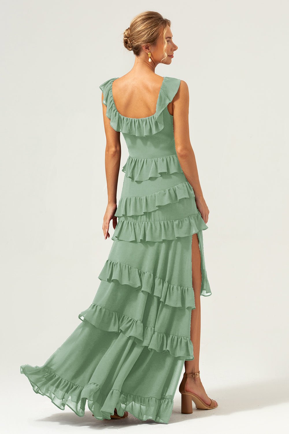 Dark Navy Tiered Chiffon A-Line Maxi Bridesmaid Dress with Ruffle Sleeves - Image 38
