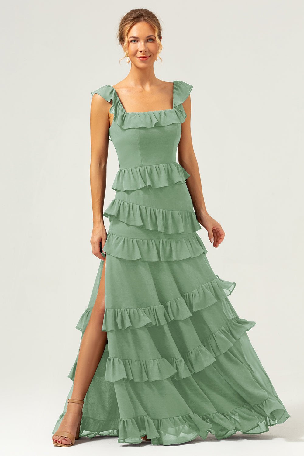 Dark Navy Tiered Chiffon A-Line Maxi Bridesmaid Dress with Ruffle Sleeves - Image 37