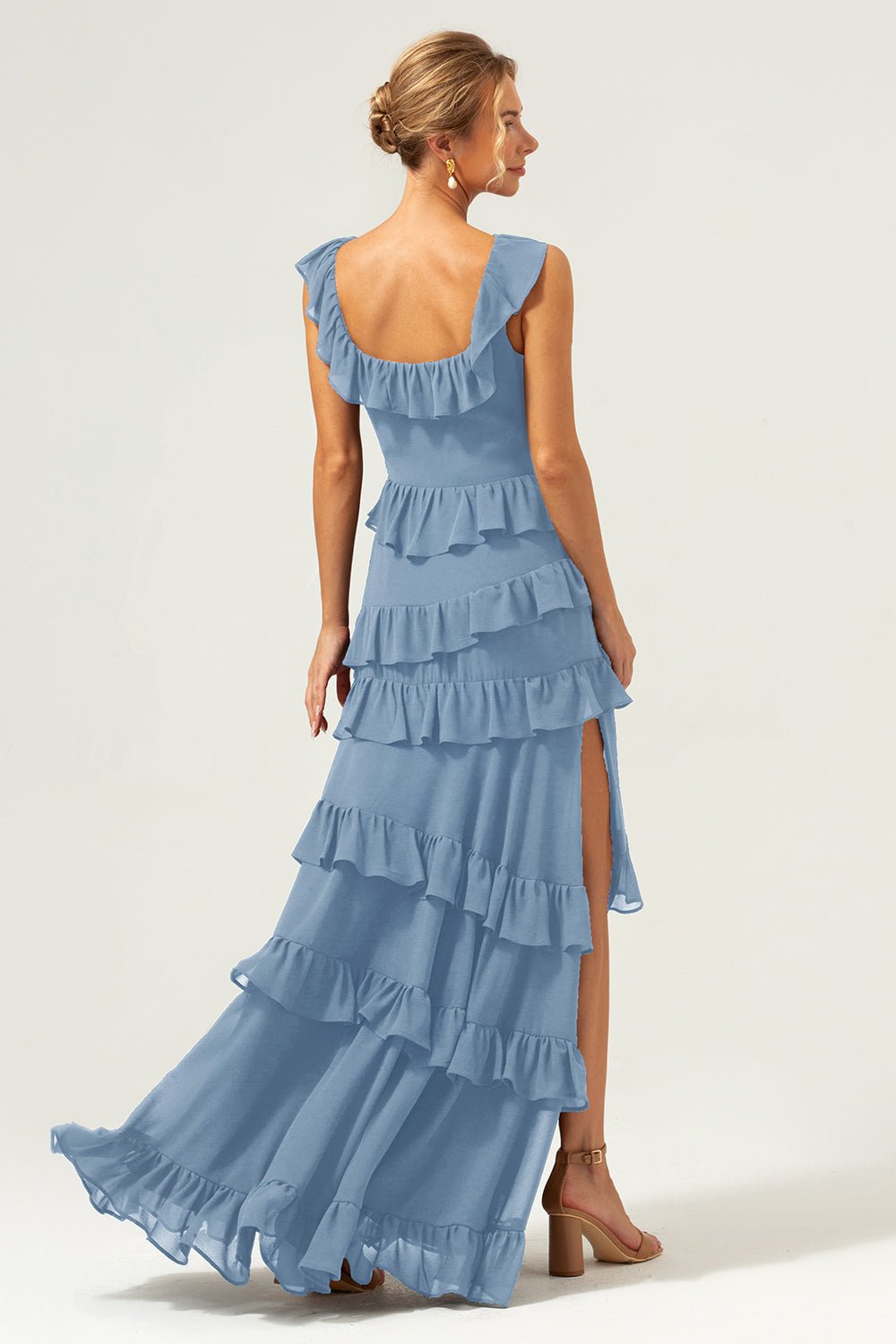 Dark Navy Tiered Chiffon A-Line Maxi Bridesmaid Dress with Ruffle Sleeves - Image 40