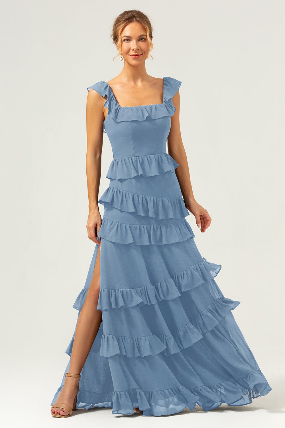 Dark Navy Tiered Chiffon A-Line Maxi Bridesmaid Dress with Ruffle Sleeves - Image 39