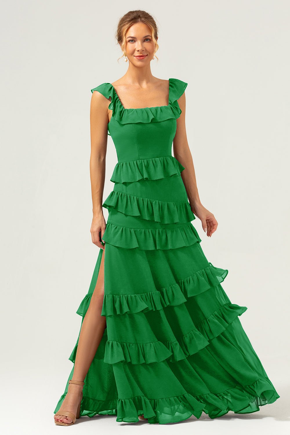 Dark Navy Tiered Chiffon A-Line Maxi Bridesmaid Dress with Ruffle Sleeves - Image 41