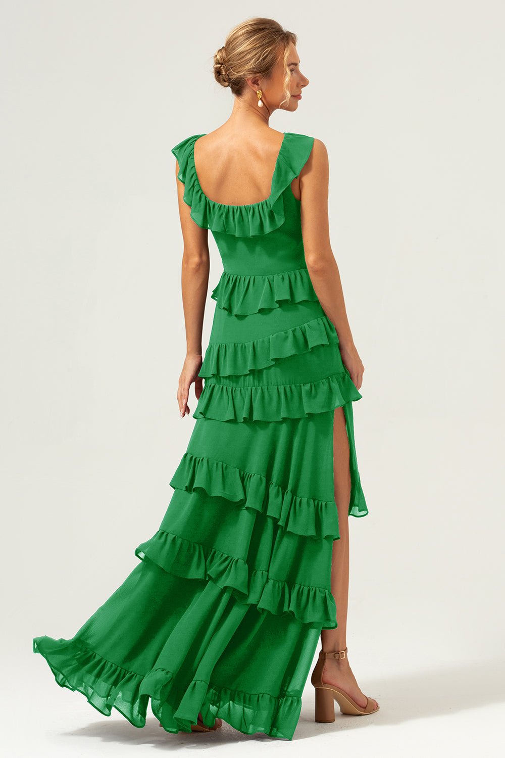 Dark Navy Tiered Chiffon A-Line Maxi Bridesmaid Dress with Ruffle Sleeves - Image 42