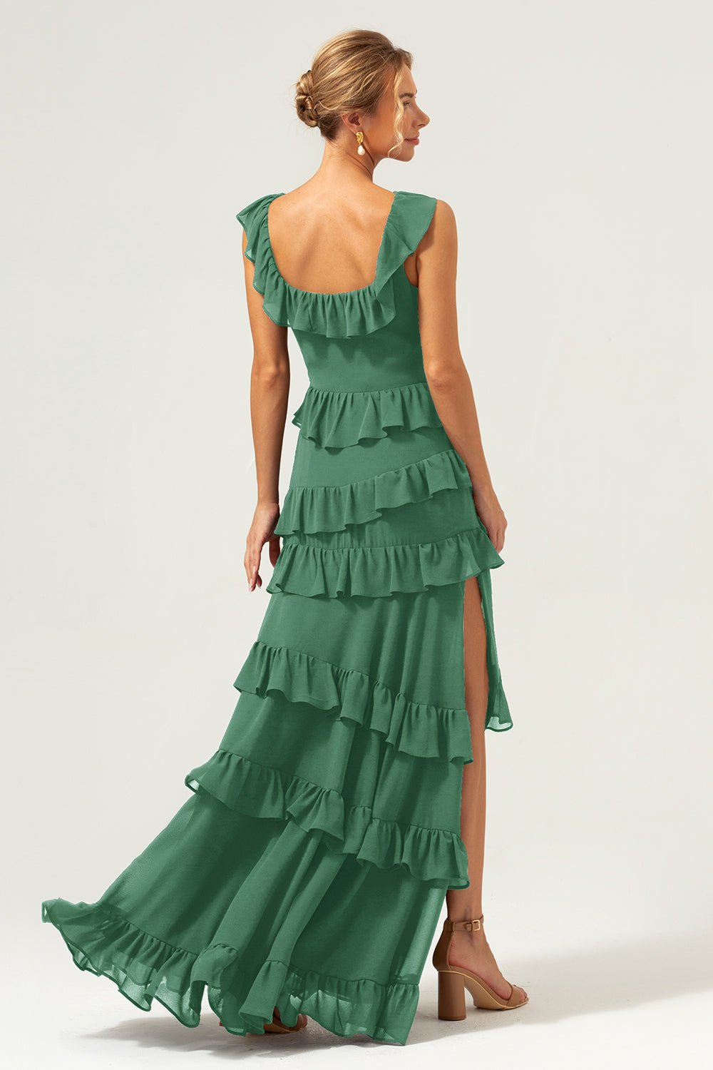 Dark Navy Tiered Chiffon A-Line Maxi Bridesmaid Dress with Ruffle Sleeves - Image 44