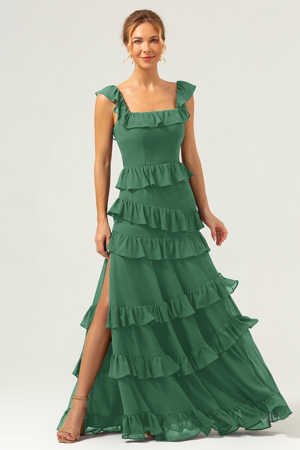 Dark Navy Tiered Chiffon A-Line Maxi Bridesmaid Dress with Ruffle Sleeves - Image 43