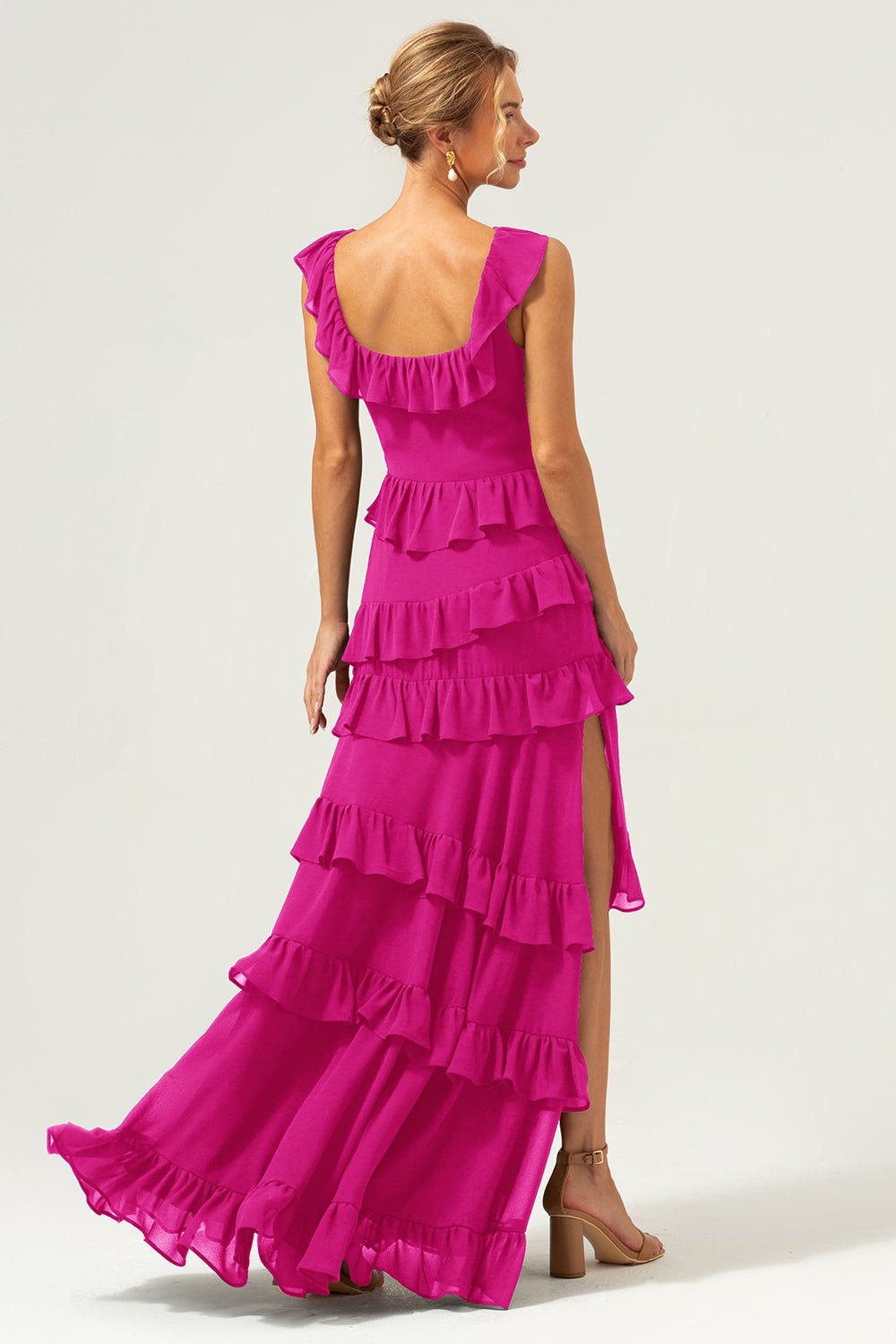Dark Navy Tiered Chiffon A-Line Maxi Bridesmaid Dress with Ruffle Sleeves - Image 46