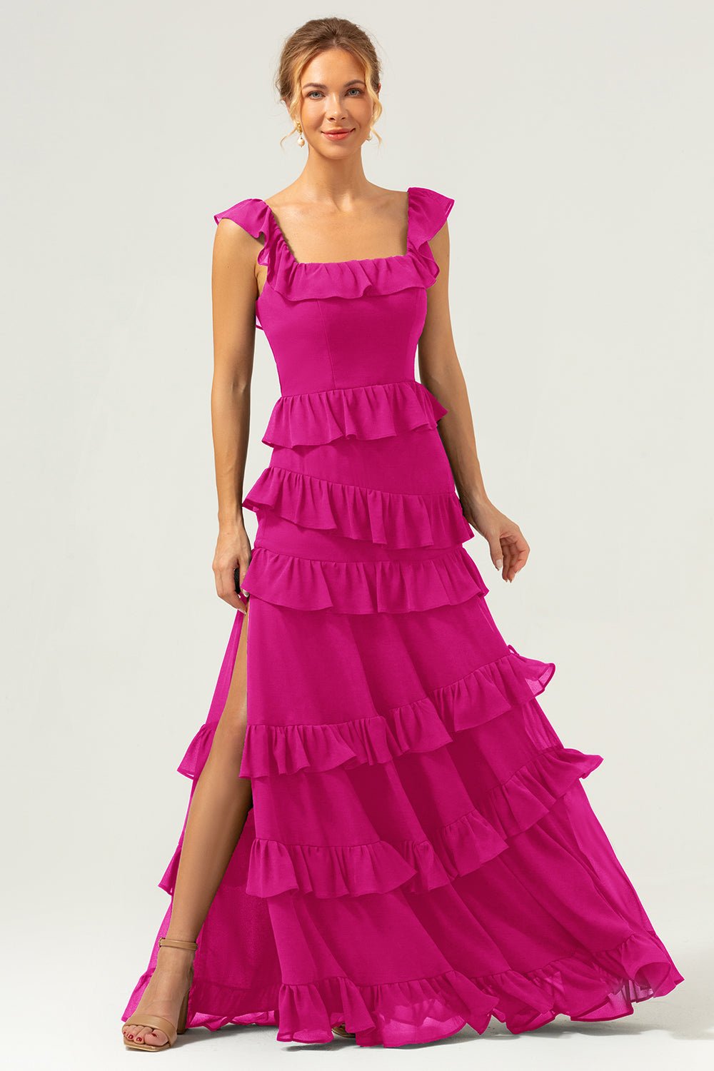 Dark Navy Tiered Chiffon A-Line Maxi Bridesmaid Dress with Ruffle Sleeves - Image 45