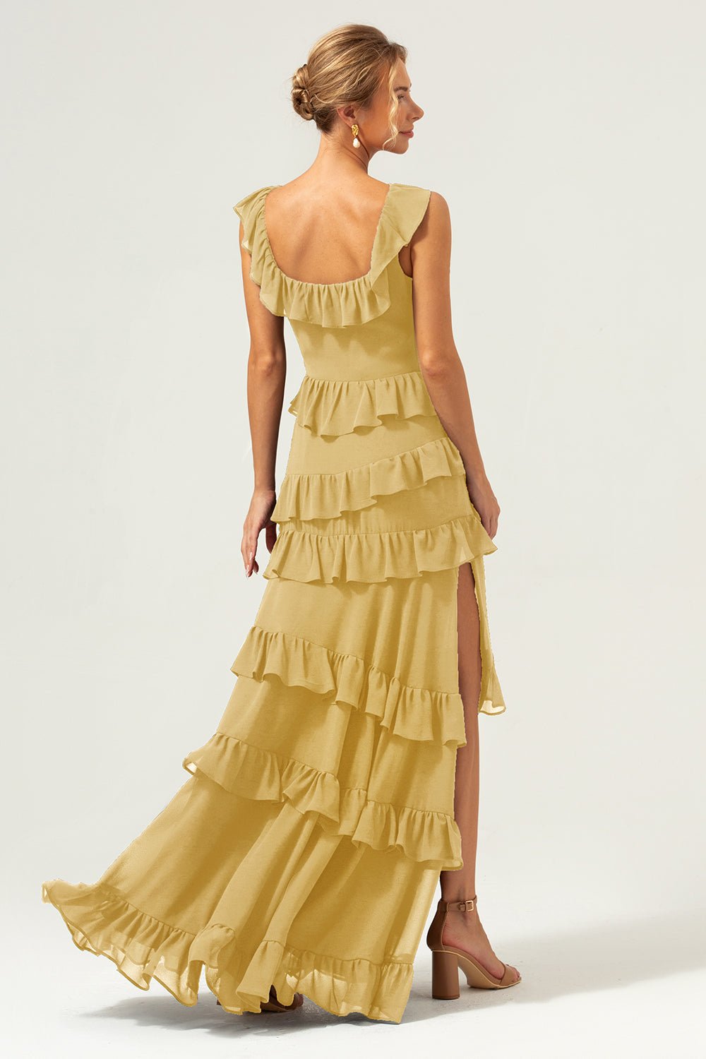 Dark Navy Tiered Chiffon A-Line Maxi Bridesmaid Dress with Ruffle Sleeves - Image 48