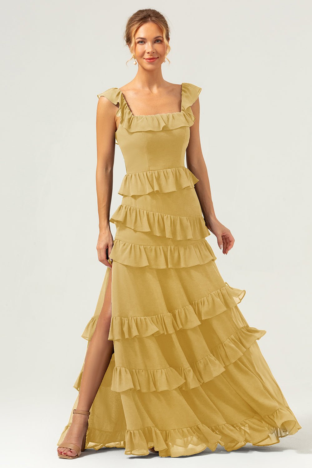 Dark Navy Tiered Chiffon A-Line Maxi Bridesmaid Dress with Ruffle Sleeves - Image 47