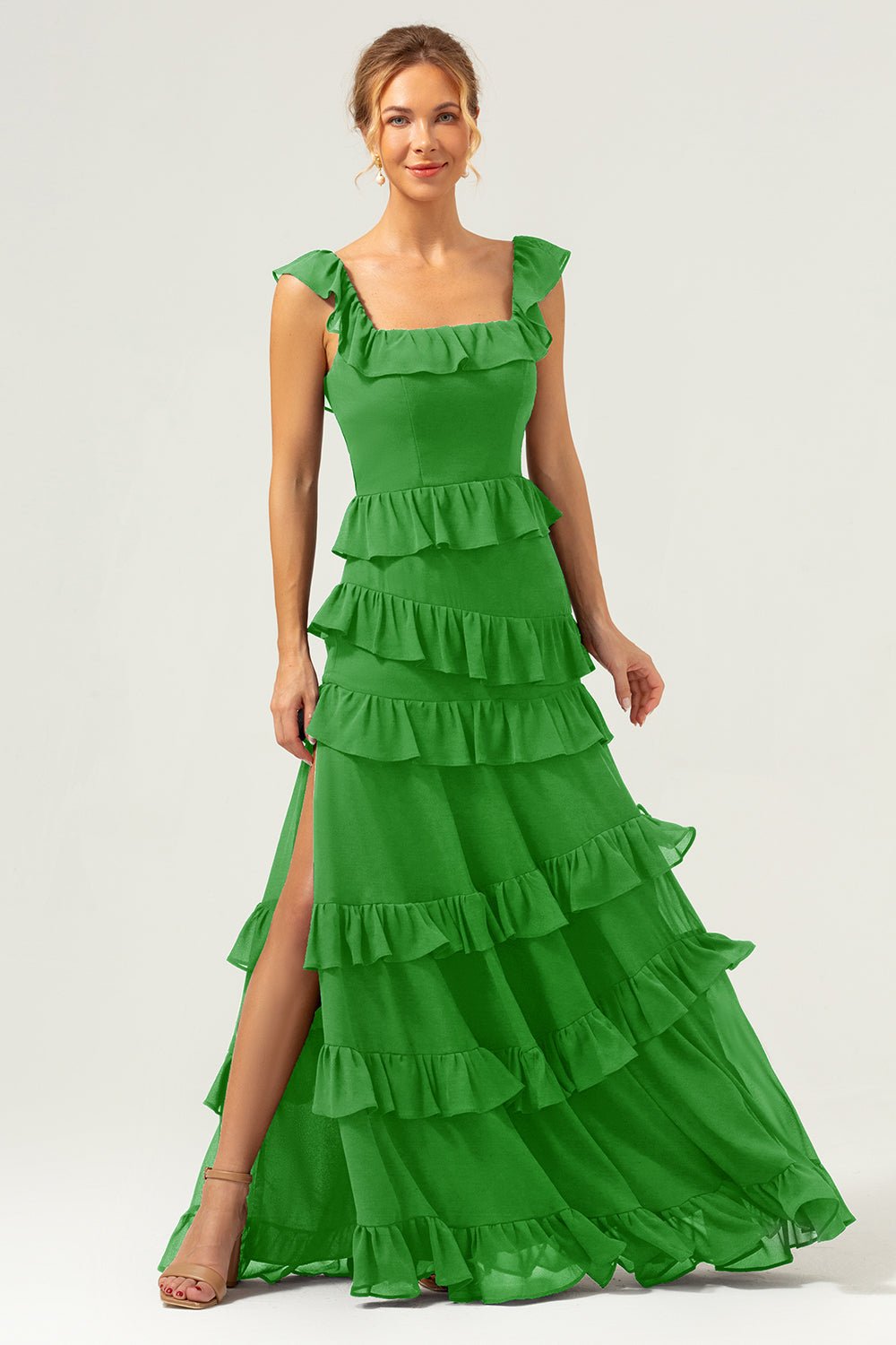 Dark Navy Tiered Chiffon A-Line Maxi Bridesmaid Dress with Ruffle Sleeves - Image 49