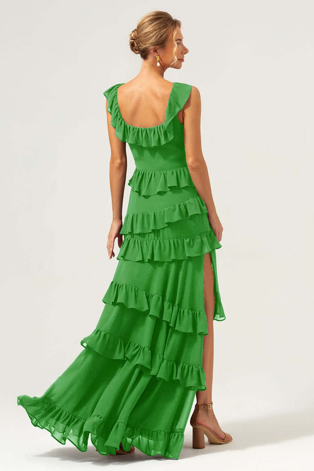 Dark Navy Tiered Chiffon A-Line Maxi Bridesmaid Dress with Ruffle Sleeves - Image 50