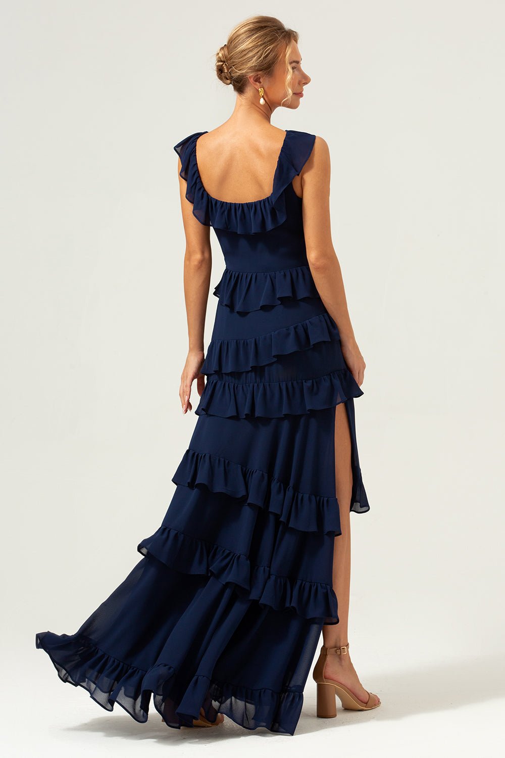 Dark Navy Tiered Chiffon A-Line Maxi Bridesmaid Dress with Ruffle Sleeves - Image 52