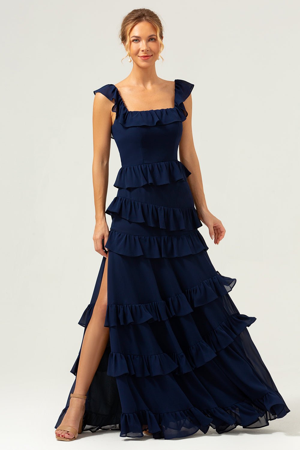 Dark Navy Tiered Chiffon A-Line Maxi Bridesmaid Dress with Ruffle Sleeves - Image 51