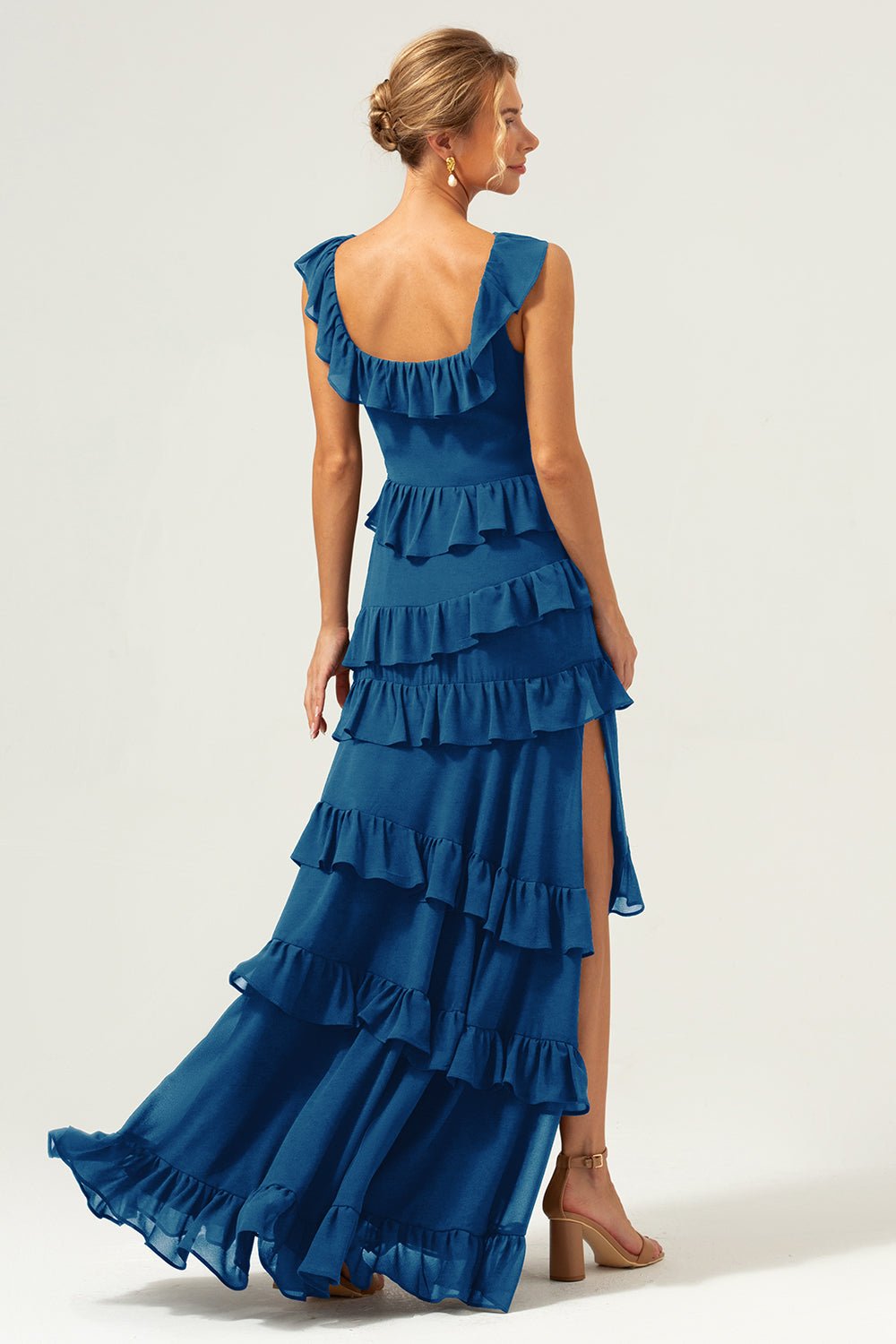 Dark Navy Tiered Chiffon A-Line Maxi Bridesmaid Dress with Ruffle Sleeves - Image 54