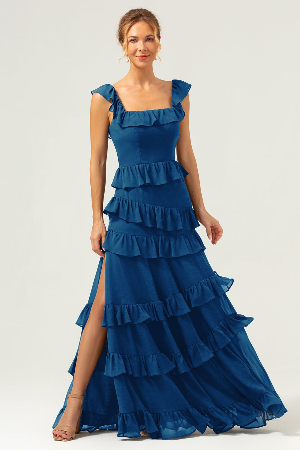 Dark Navy Tiered Chiffon A-Line Maxi Bridesmaid Dress with Ruffle Sleeves - Image 53