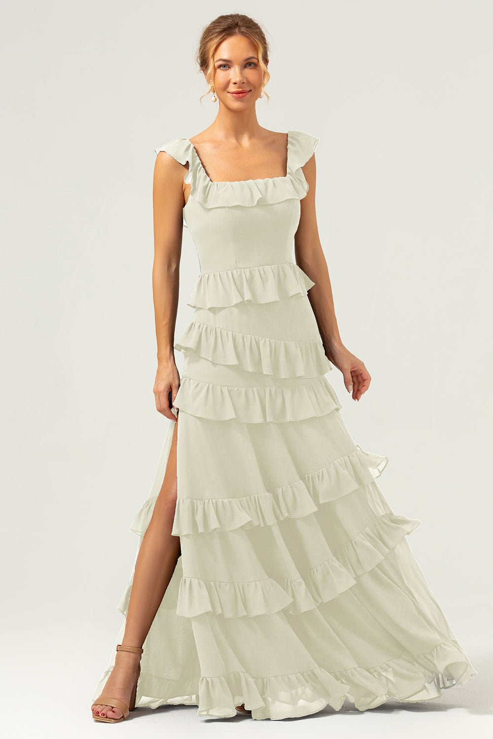 Dark Navy Tiered Chiffon A-Line Maxi Bridesmaid Dress with Ruffle Sleeves - Image 55