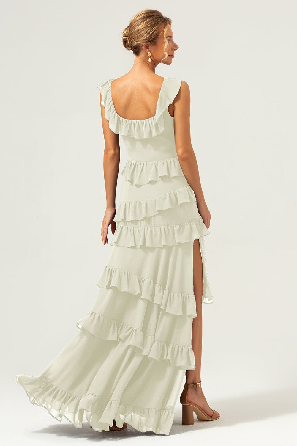 Dark Navy Tiered Chiffon A-Line Maxi Bridesmaid Dress with Ruffle Sleeves - Image 56