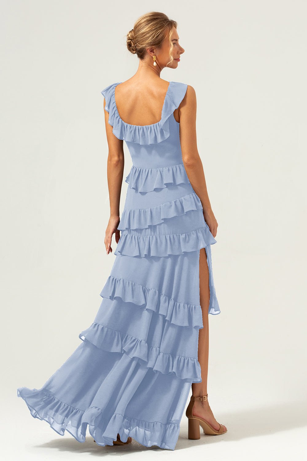 Dark Navy Tiered Chiffon A-Line Maxi Bridesmaid Dress with Ruffle Sleeves - Image 58