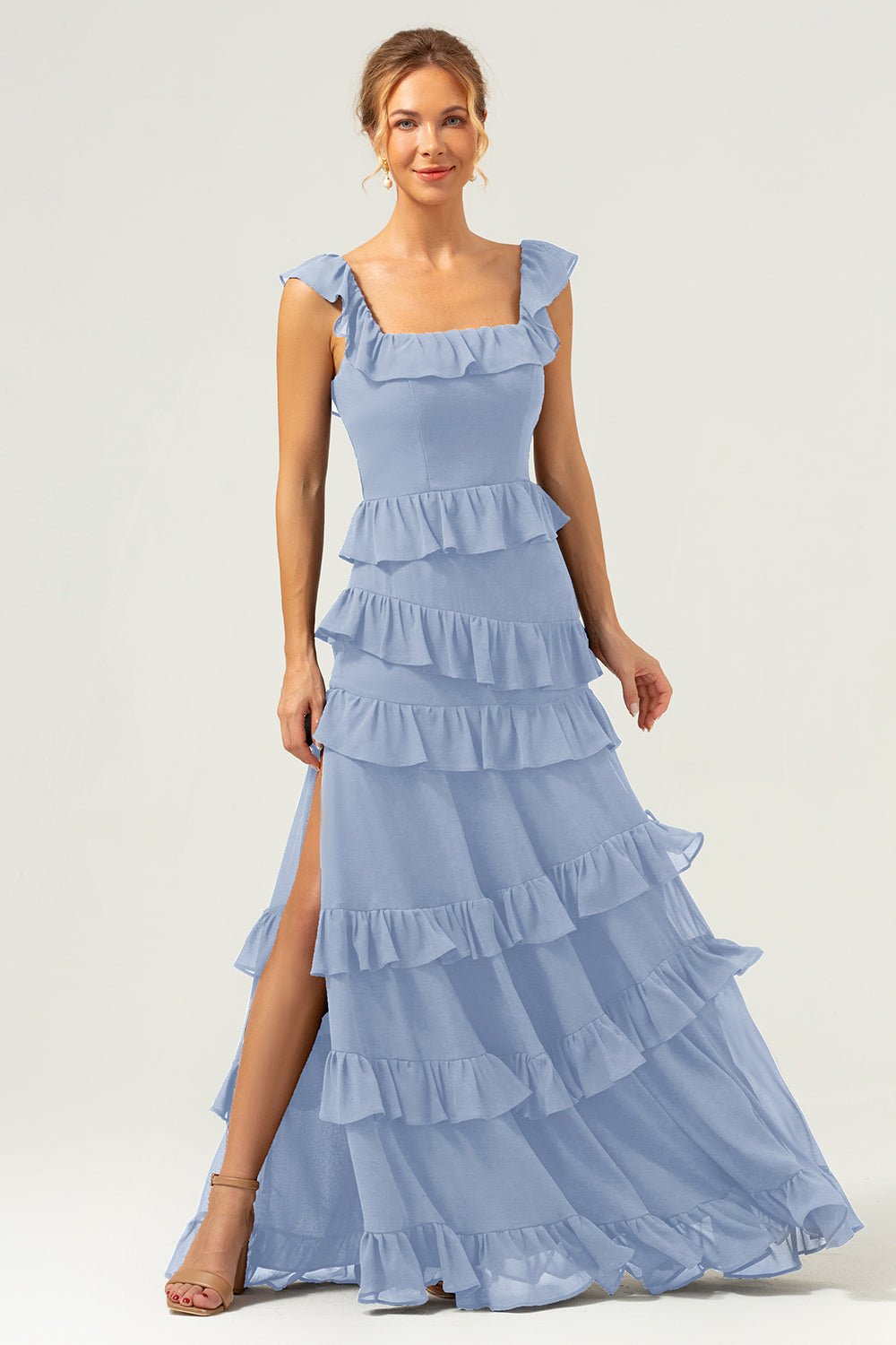 Dark Navy Tiered Chiffon A-Line Maxi Bridesmaid Dress with Ruffle Sleeves - Image 57
