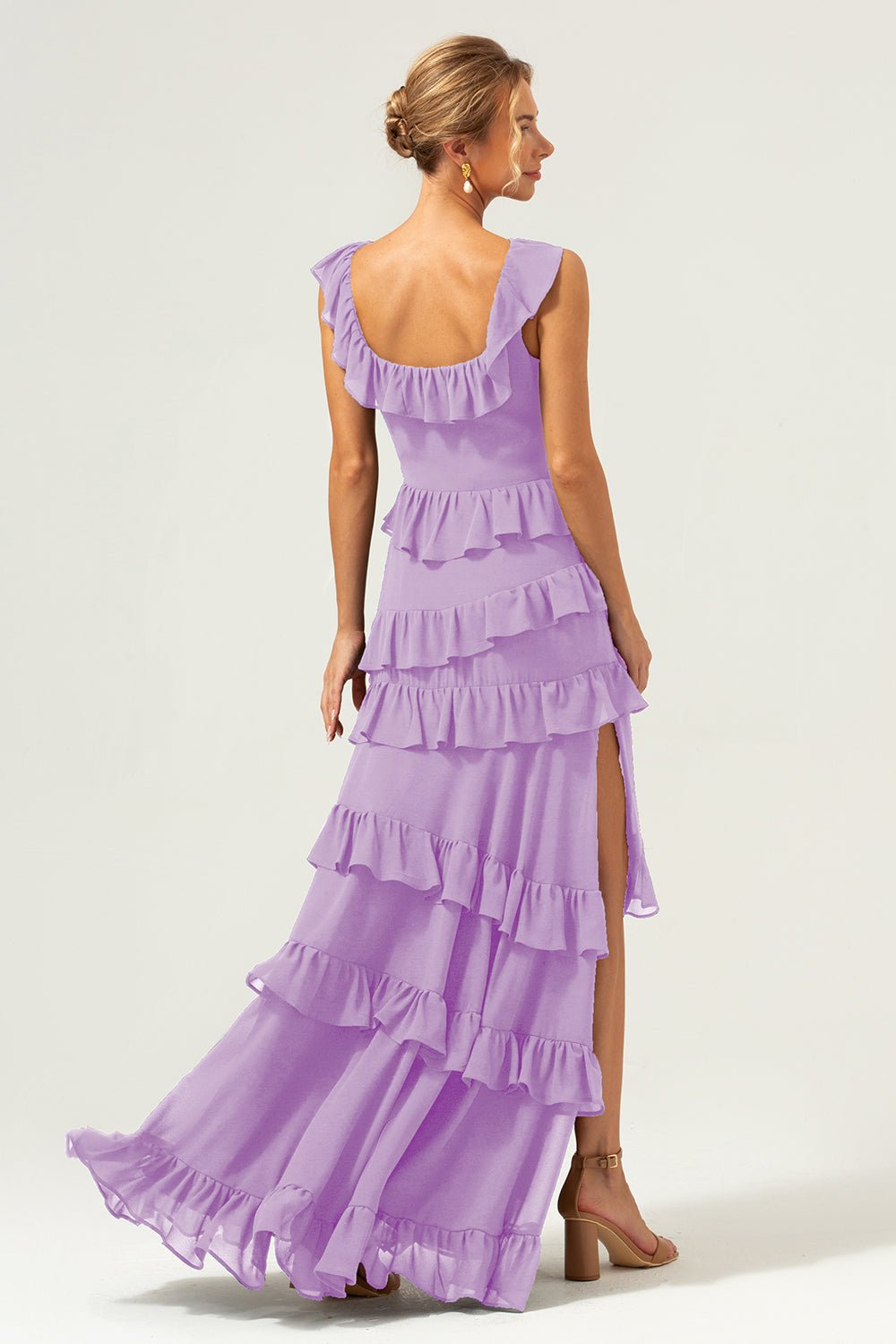 Dark Navy Tiered Chiffon A-Line Maxi Bridesmaid Dress with Ruffle Sleeves - Image 60