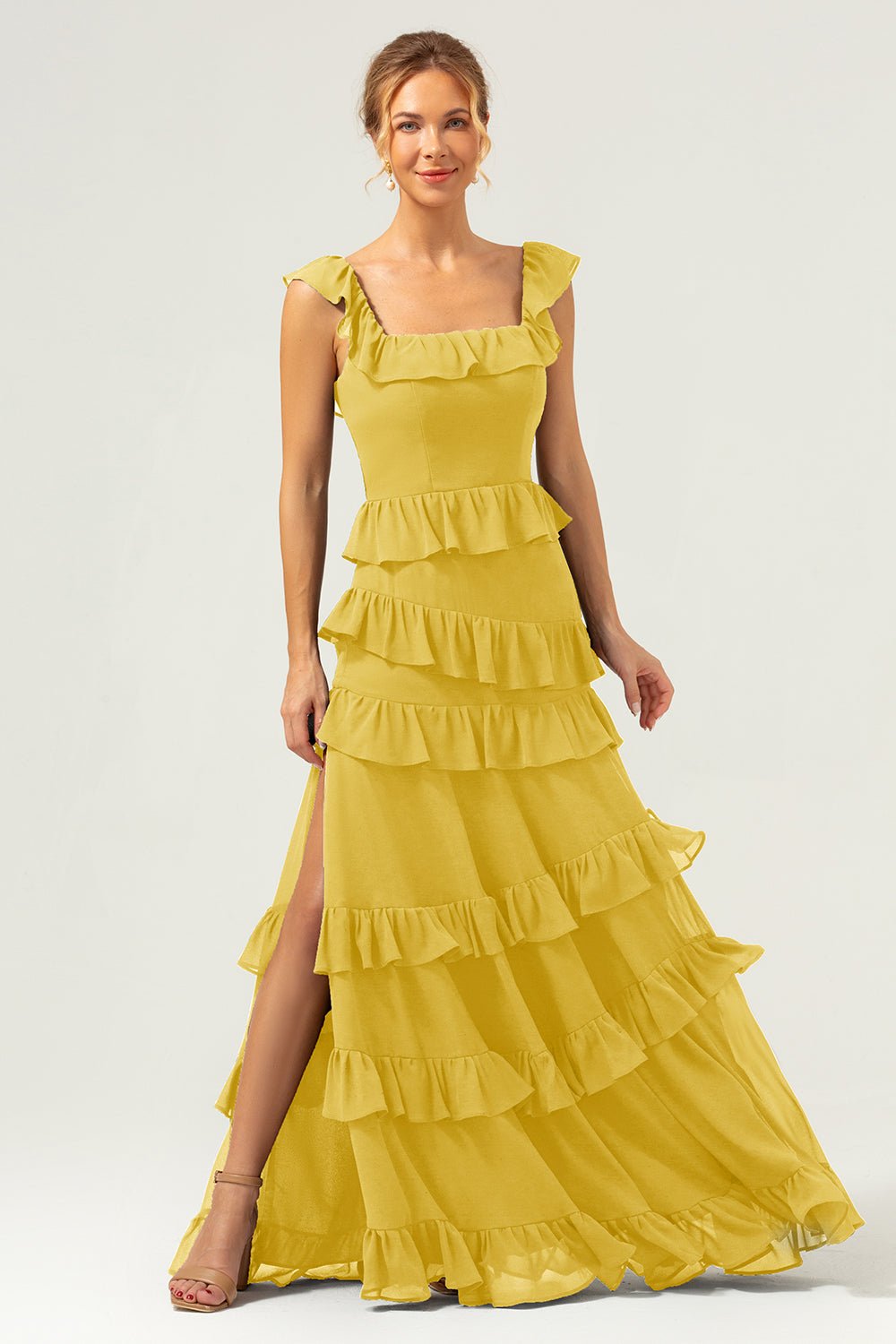 Dark Navy Tiered Chiffon A-Line Maxi Bridesmaid Dress with Ruffle Sleeves - Image 61