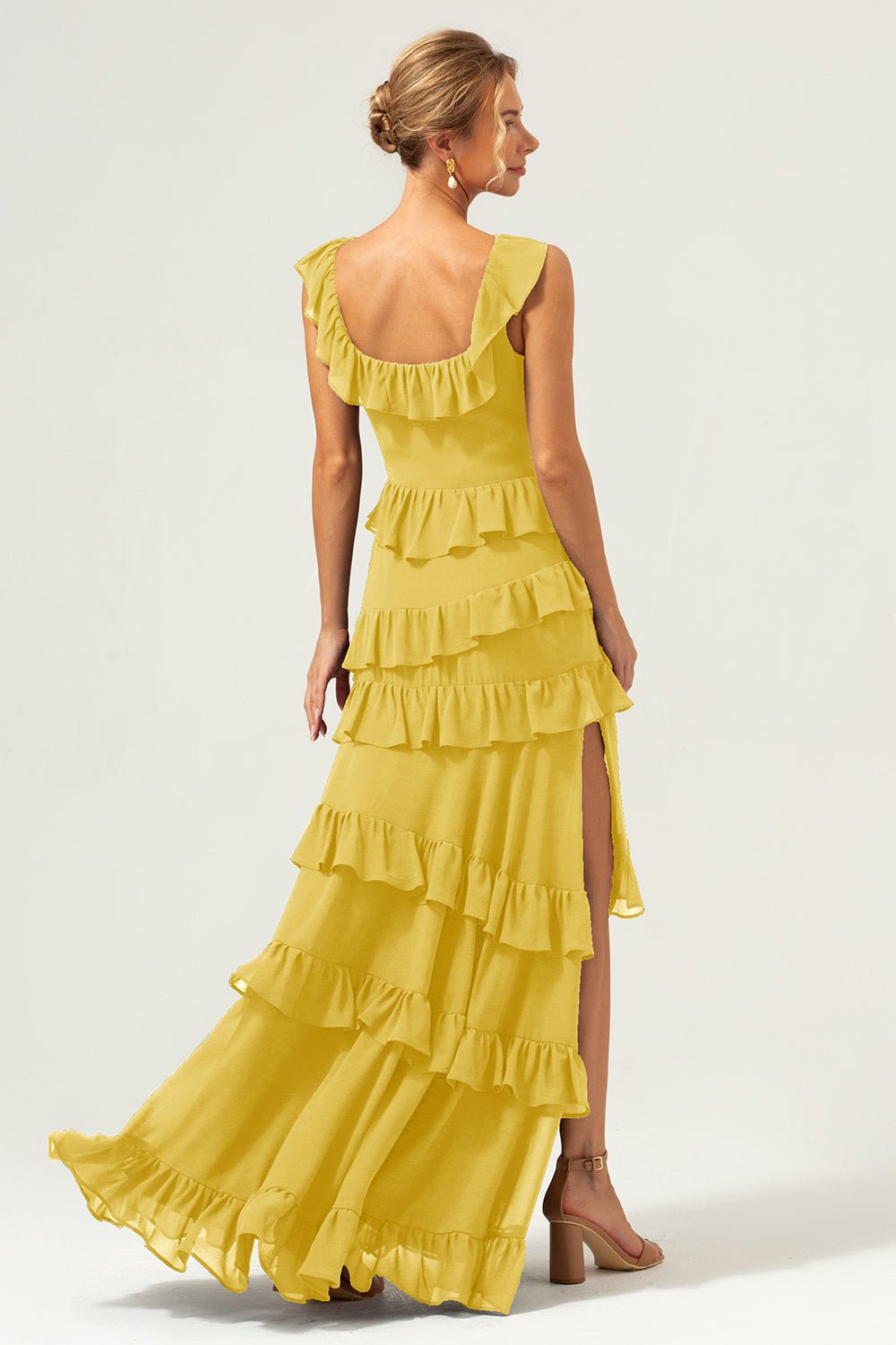Dark Navy Tiered Chiffon A-Line Maxi Bridesmaid Dress with Ruffle Sleeves - Image 62