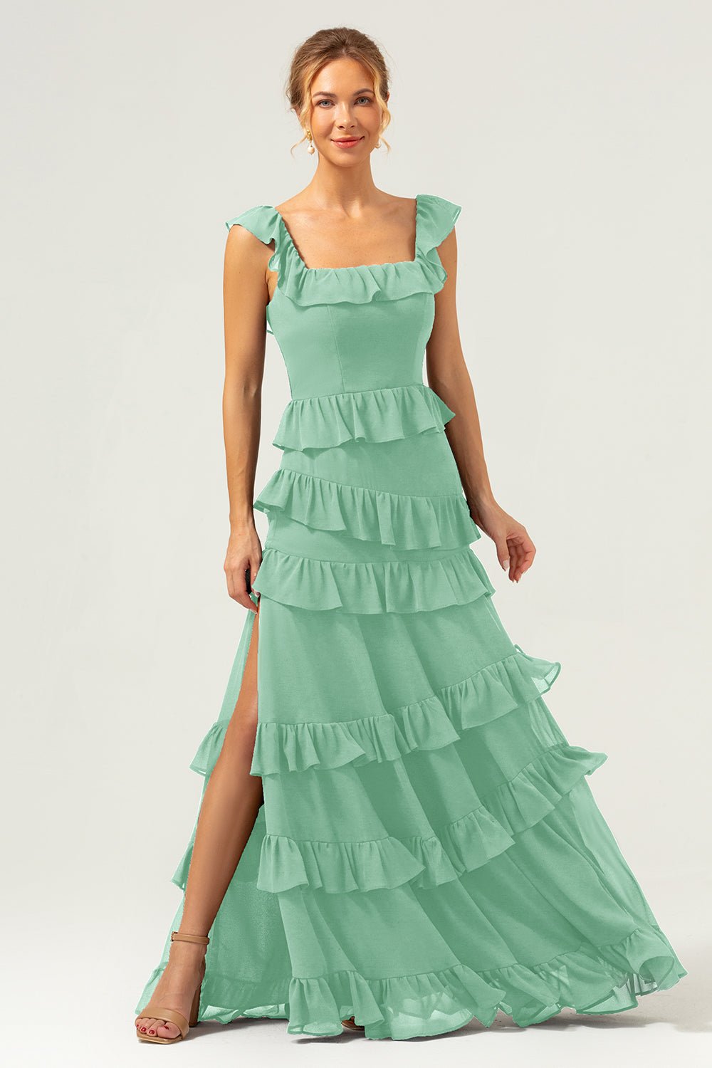 Dark Navy Tiered Chiffon A-Line Maxi Bridesmaid Dress with Ruffle Sleeves - Image 63